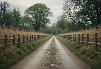 Fototapeta premium Serene pathway surrounded by lush greenery in a tranquil rural area during overcast weather