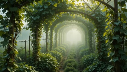 Obraz premium Serene Garden Pathway Surrounded by Lush Green Foliage and Mist