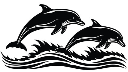 Fototapeta premium Two dolphins leaping out of the water in a stylized black silhouette