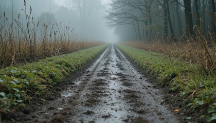 Naklejka premium Misty Road Through Forest with Muddy Path and Green Grass Edge