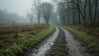 Fototapeta premium Serene Misty Path Through Trees in a Peaceful Nature Landscape