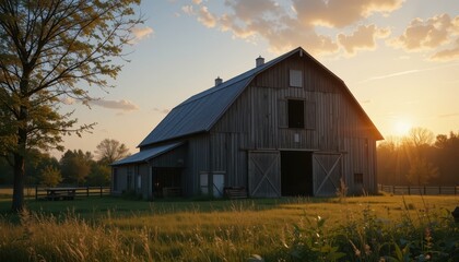Obraz premium Rustic wooden barn at sunset with golden light and lush grass