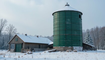 Winter Scene with Green Silo and Rustic Barn in Snowy Landscape