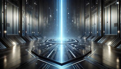 A futuristic chamber featuring a radiant blue energy beam rising from a glowing hexagonal platform