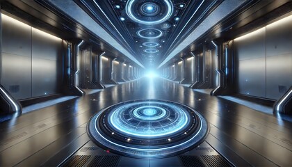 A sleek, futuristic corridor lined with glowing blue circuits leads to a radiant portal of light