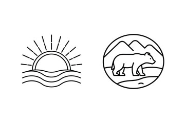 Minimalist Line Art Illustrations Of A Sunset And Bear In Mountains