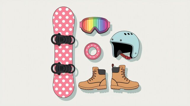 Snowboard Gear Essentials: A comprehensive visual inventory of essential snowboard equipment for an invigorating winter experience, captured in a flat lay.