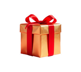 Obraz premium Golden gift box with red ribbon bow isolated on white background, rich style, wrapped presents for your festive design, banner or poster, empty blank copy space for text, png transparent