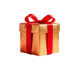 Golden gift box with red ribbon bow isolated on white background, rich style, wrapped presents for your festive design, banner or poster, empty blank copy space for text, png transparent