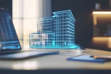 Innovative architectural design process featuring a glowing 3D holographic wireframe model of a building projected in a modern office setting