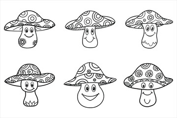 Hippie mushroom with a smiling face and paisley hat in linear doodle style