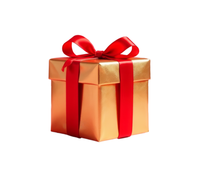Golden gift box with red ribbon bow isolated on white background, rich style, wrapped presents for your festive design, banner or poster, empty blank copy space for text, png transparent