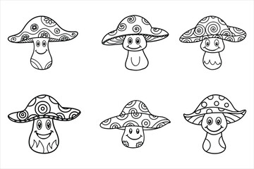 Hippie mushroom with a smiling face and paisley hat in linear doodle style