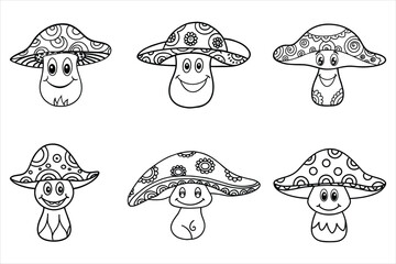 Hippie mushroom with a smiling face and paisley hat in linear doodle style