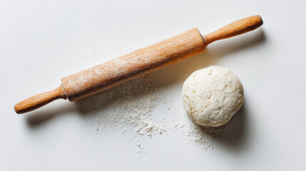 Fresh dough with wooden rolling pin on clean surface, ready for baking. scene evokes sense of warmth and home cooking