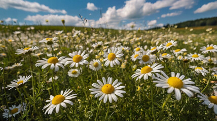 Chamomile flowers in beautiful meadow, blue sky with clouds