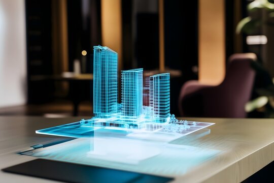 Futuristic augmented reality interface displaying a holographic 3D model of a modern city skyscraper project for architectural visualization and urban planning - Powered by Adobe