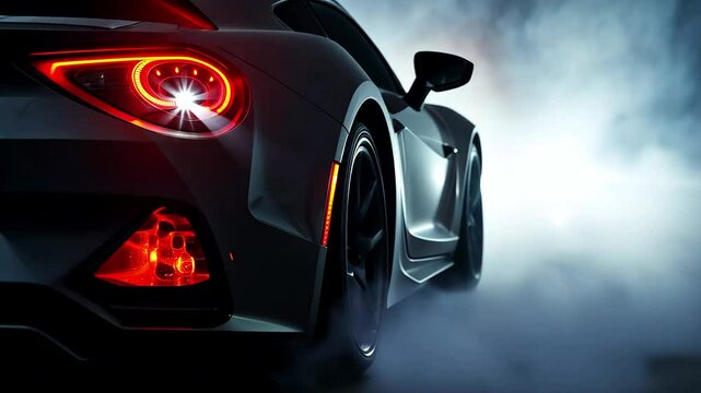 Close-up of led headlights of a car illuminate white smoke in the dark, light through fog, sports car turns on headlights, background or wallpaper with automobile