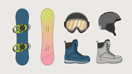 Snowboard Gear Collection: A comprehensive visual guide showcasing essential snowboarding equipment, including snowboards, boots, helmet, and goggles