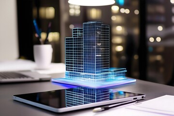 Futuristic augmented reality displaying a holographic 3D model of a skyscraper complex on a digital tablet for innovative architectural design and urban planning concepts