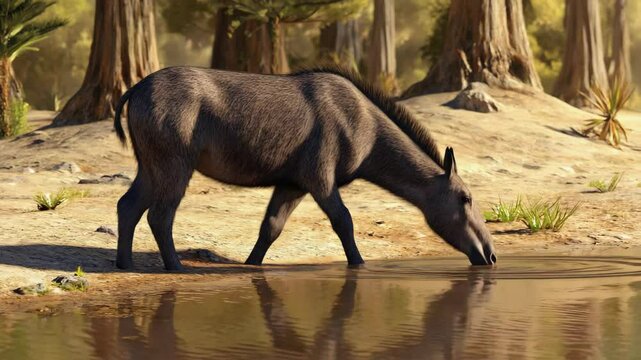 Eohippus, prehistoric horse ancestor drinks water from stream in primeval forest with tall trees under warm sunlight during the Eocene Epoch wildlife