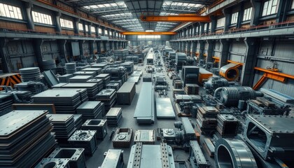 Fototapeta premium Extensive interior of a large industrial plant with metal components