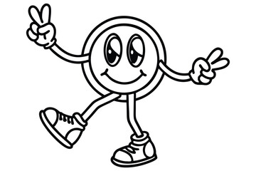 Simple line art peace sign character with dancing legs and retro shoes