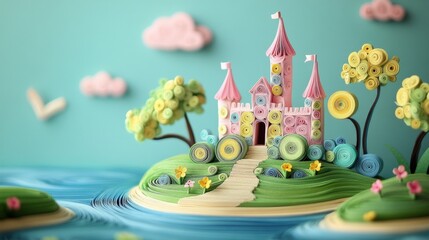 Charming Miniature Paper Castle on a Quilled Island - Perfect for Children's Books or Magical Storytelling Designs