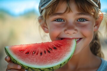 Girl eats watermelon on the beach while smiling and looking at the camera