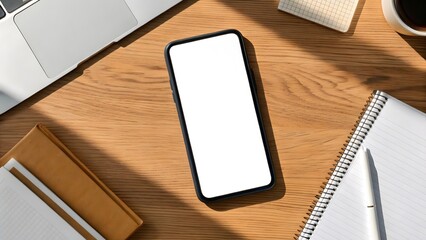 Smartphone on Wooden Desk Surrounded by Office Supplies in Natural Light