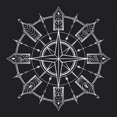 Vegvisir Viking Rune Compass Ancient Norse navigation Symbol With Geometric Arrows Ancient Nordic Symbols Representing Norse Mythology and Spiritual Protection on Black Backgroung Viking tattoo design