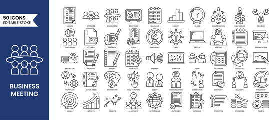 Business Meeting editable icons set in line style. Containing workflow, meeting, presentation, goals, conference, assembly, agreement and discussion and more. Vector illustration