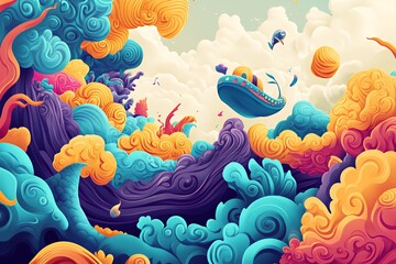 Whimsical illustration of a boat floating among colorful clouds and waves. Dreamlike and vibrant, perfect for children's books or fantasy themes.