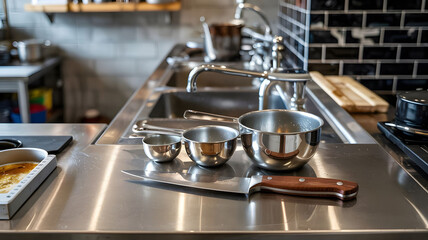 Professional Stainless Steel Chef’s Tools in Industrial Kitchen High-End Culinary Equipment