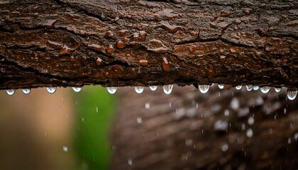 Raindrops running down smooth bark