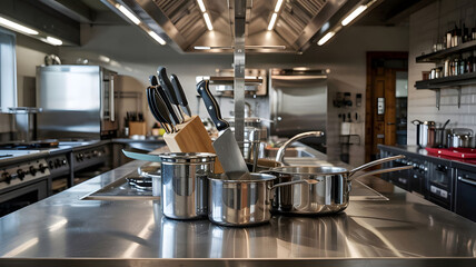 Professional Stainless Steel Chef’s Tools in Industrial Kitchen High-End Culinary Equipment