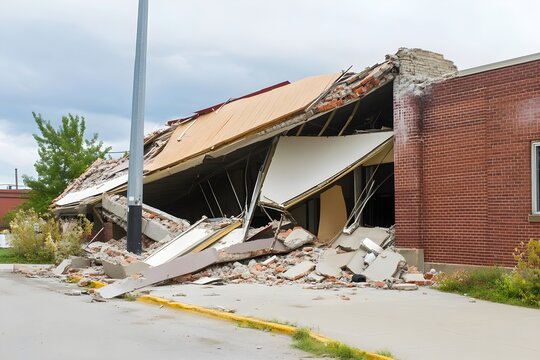 The devastating aftermath of a natural disaster, showcasing a completely collapsed brick building with a caved-in roof and rubble scattered around
