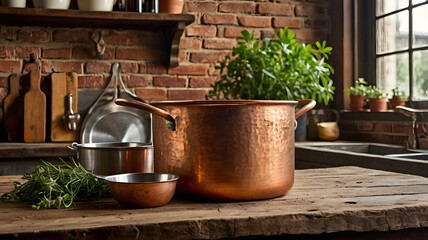 Vintage Copper Cookware on Rustic Wooden Table Farmhouse Kitchen Essentials