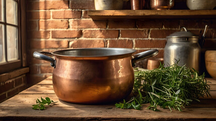 Vintage Copper Cookware on Rustic Wooden Table Farmhouse Kitchen Essentials