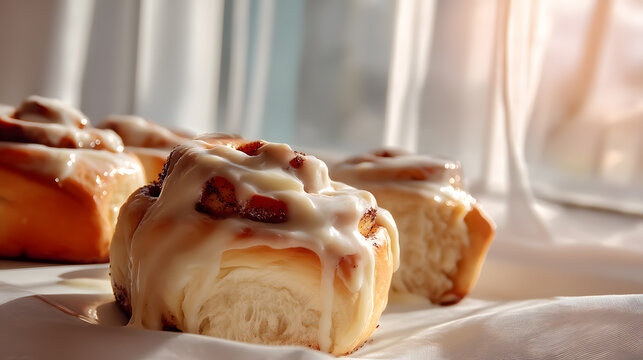 Freshly baked cinnamon rolls, generously iced and bathed in gentle sunlight, offer a tempting treat to be enjoyed during a leisurely brunch