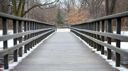 Fototapeta premium Snowy Wooden Bridge In Winter Park