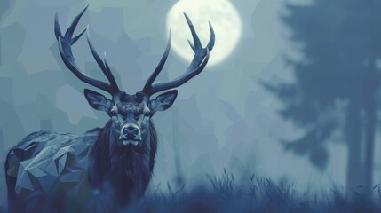 Naklejka premium a medium shot of a stags head, full horns and shoulders in a glade in the moonlight a, white ground, in a light colored, but contrasty cubism style low poly large triangles