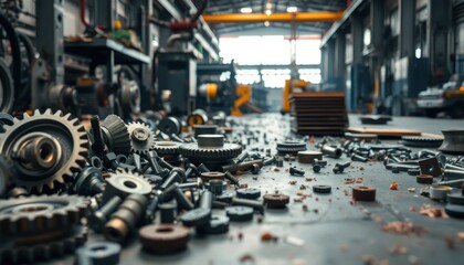 Disarray of metal components on factory floor representing industrial chaos