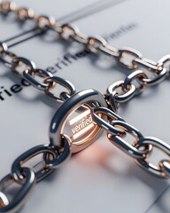Fototapeta premium Linked Proof: An intimate close-up showcases a forged chain linking to verify documents, emphasizing the theme of secure and trusted verification, security, and dependability.