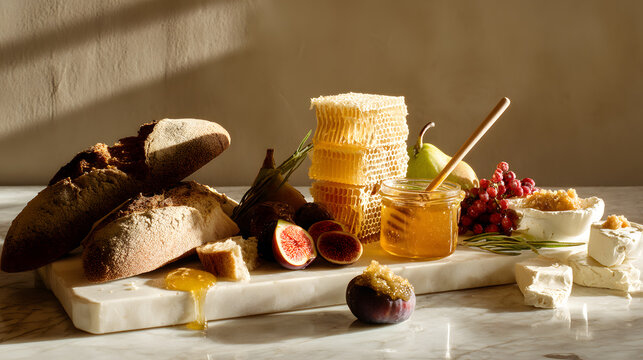 Artisanal spread featuring crusty bread, honeycombs, fresh fruits like figs and grapes, and creamy cheese on a marble surface, bathed in soft light.