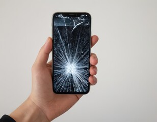 hand holding a smartphone with broken screen, cracked dispaly of a mobile phone isolated on white background