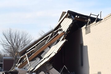 Scene of catastrophic destruction showing a commercial building with a collapsed roof and demolished walls, illustrating the aftermath of a severe weather event like a hurricane or tornado