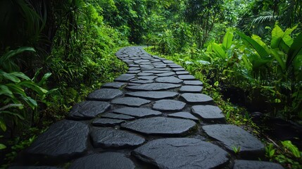 Fototapeta premium Ancient stone pathway winding through a rainforest, leading to a lost waterfall sanctuary