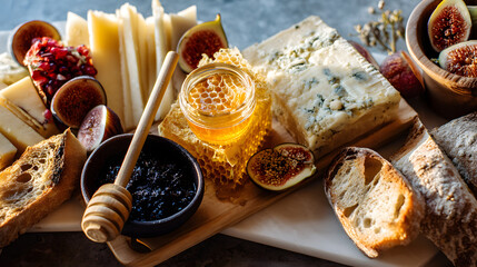 An appetizing arrangement of cheese, fruit, bread, and honeycomb offers a delectable and visually stunning charcuterie board spread.