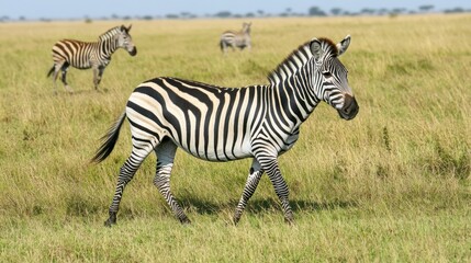 Naklejka premium Zebras graze peacefully in a grassland. Wildlife, travel and nature photography